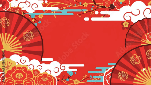 Elegant Chinese New Year vector banner featuring traditional folding fans, stylized clouds, and floral ornaments with clean copy space for festive greetings and advertising use