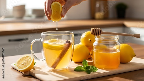 Squeezing fresh lemon into a warm drink with honey and cinnamon for a natural healthy remedy