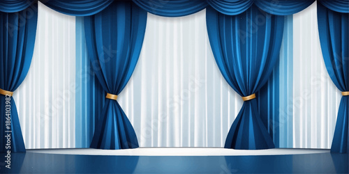 Luxury blue velvet theater curtains and drapes frame a classical stage backdrop for a cinema performance or opera event