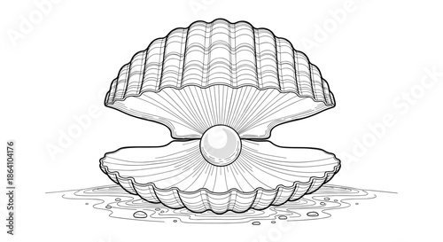 Detailed black and white line art illustration of an open oyster shell revealing a perfect pearl inside, drawn in a vintage engraving style.