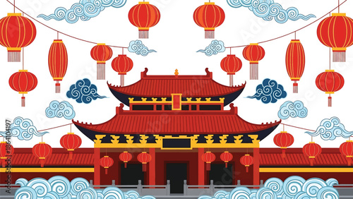 Chinese New Year vector poster with traditional Chinese temple facade, hanging lanterns, clouds, and festive ornaments, ideal for cultural celebration banners and holiday promotions