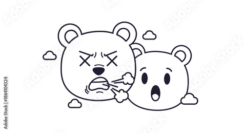 Funny black and white line drawing of a cartoon bear with bad breath breathing on another bear who looks shocked and surprised.