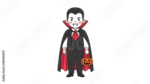 A cartoon vampire in a black suit and red cape holding a pumpkin lantern