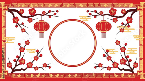 Ornate Chinese New Year vector background with red and gold palette, plum blossoms, lanterns, and geometric borders, perfect decorative frame for festive greetings and posters