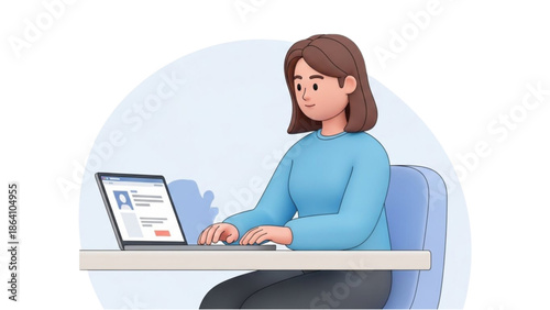 Woman working on laptop at desk in a modern office setting