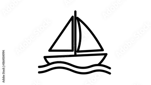 Simple sailboat line icon on wavy sea water.