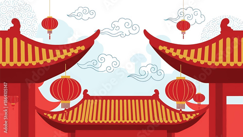 Chinese New Year vector background featuring traditional roof architecture, hanging lanterns, and decorative clouds, ideal cultural illustration for festive banners and posters