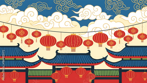 Chinese New Year vector background featuring traditional roof architecture, hanging lanterns, and decorative clouds, ideal cultural illustration for festive banners and posters