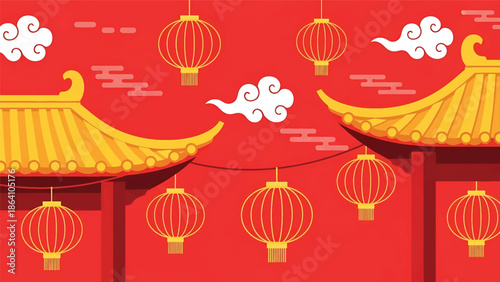 Chinese New Year vector background featuring traditional roof architecture, hanging lanterns, and decorative clouds, ideal cultural illustration for festive banners and posters