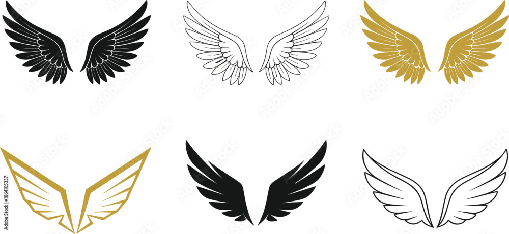 Obraz premium Angel wing logo illustration set featuring black, white, and gold feathered wings for branding designs