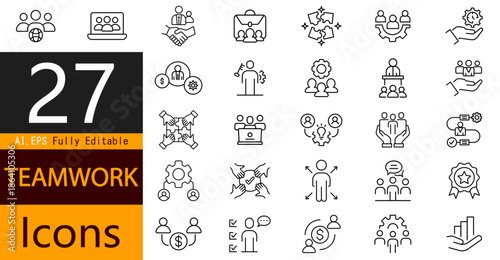 Teamwork Icons Set for Business Collaboration, Communication, Leadership, and Project Management