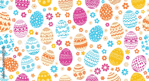 Bright and cheerful seamless Easter pattern with colorful decorated eggs and small flowers scattered on a clean white background.