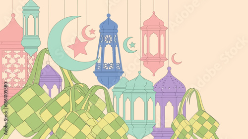 Ramadan Kareem celebration with hanging lanterns and ketupat.