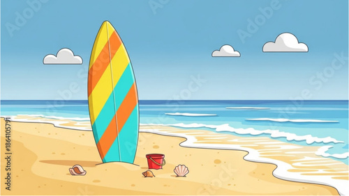 A colorful surfboard standing upright on a sandy beach with seashells and a bucket, overlooking the ocean waves under a blue sky with white clouds.