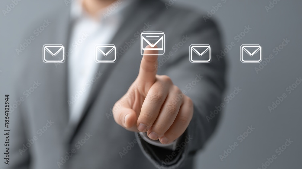 Obraz premium Professional worker in a gray suit touching a digital email icon while interacting with floating messages in a high-tech environment