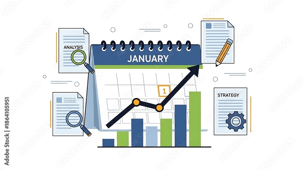 Fototapeta premium Business Strategy and Analytics Illustration with Calendar, Growth Charts, and Planning Documents