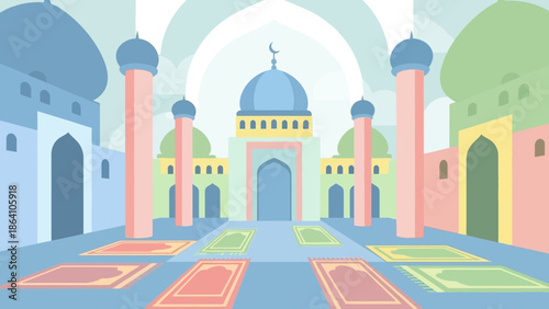 Prayer rugs laid out in a mosque for worship.