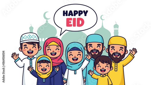 Happy Muslim family celebrating Eid al-Fitr together smiling and waving cheerfully.