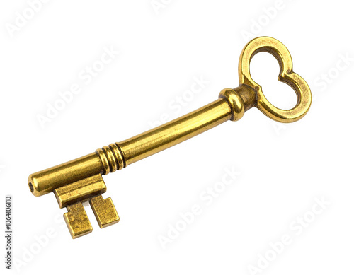 Close-up of antique gold skeleton key. Shows handle detail and key teeth on black backdrop