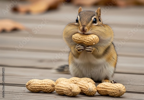 A Cute Chipmunk Standing On A Wooden Surface With Its Cheeks Full Of Peanuts And More Peanuts In Front