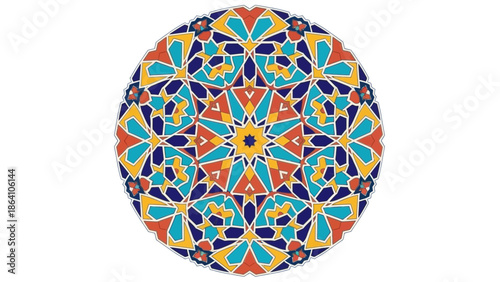 Vibrant geometric mandala pattern with intricate details and colorful design.