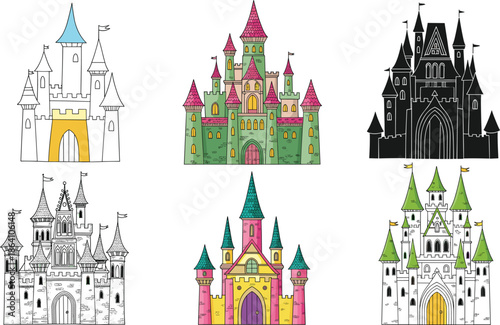 Fantasy castle illustration set featuring fairytale palaces, medieval architecture, colorful royal fortresses, and magical kingdoms