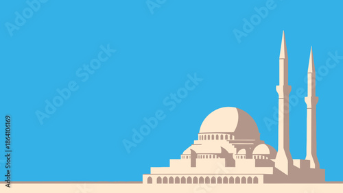 Grand Mosque with Majestic Minarets and Dome Against Clear Sky.