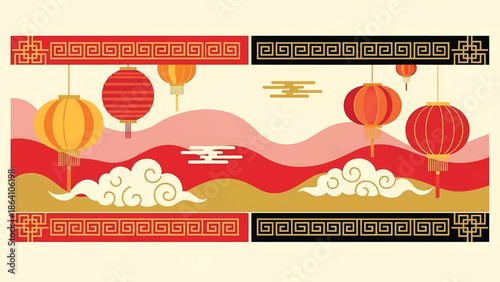 Elegant Chinese New Year vector banner with layered clouds, hanging lanterns, and geometric borders, modern festive background ideal for ads and promotions