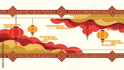 Elegant Chinese New Year vector banner with layered clouds, hanging lanterns, and geometric borders, modern festive background ideal for ads and promotions