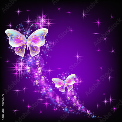 Magic two butterflies with fantasy sparkle and blazing trail and glowing stars