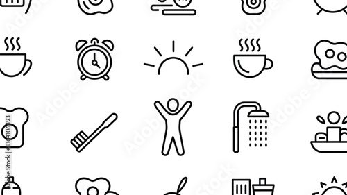 Black and white line icons for daily routines and morning activities
