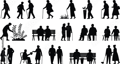 Black silhouettes of people walking talking sitting and interacting in various poses and activities