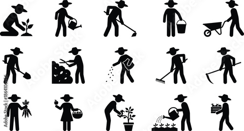 Black silhouettes of people gardening and landscaping with various tools and activities