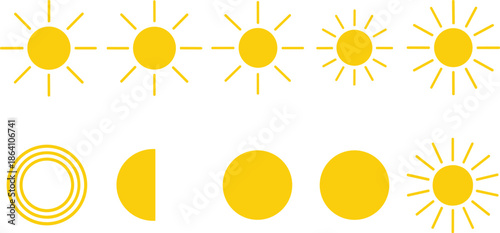 Sun icon shapes vector set with yellow sunshine symbols rays and circles for weather and UI design