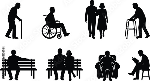 Silhouettes of people with disabilities and elderly individuals in various everyday situations