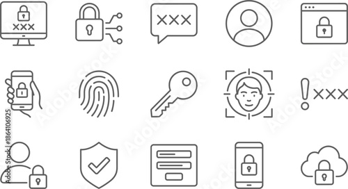 Cyber security and authentication line icon set including password protection biometric login user access data privacy and secure systems