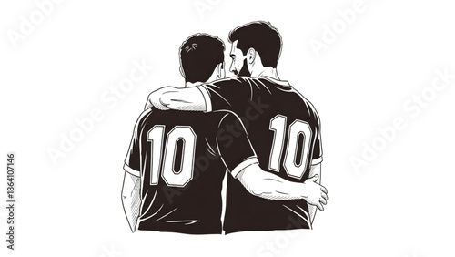 A compelling graphic illustration portraying two figures in number ten sports shirts, their embrace symbolizing unwavering friendship, mutual support, and team spirit
