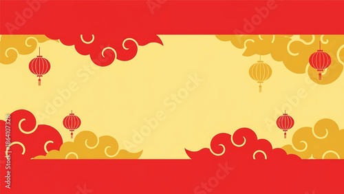 Chinese New Year horizontal vector banner with traditional cloud motifs, lantern accents, and clean central copy space, ideal festive design for web and print