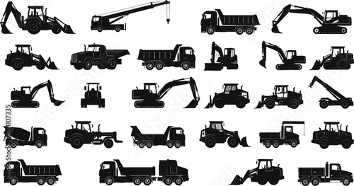 Construction machinery silhouettes vector set with excavators trucks loaders cranes and heavy equipment icons