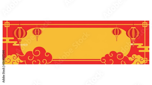 Chinese New Year horizontal vector banner with traditional cloud motifs, lantern accents, and clean central copy space, ideal festive design for web and print