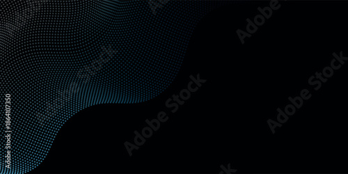 gradient concept of technology, science, music, modern arts grid. Flowing dot particles light wave pattern halftone blue gradient smooth curve on black background.gradient