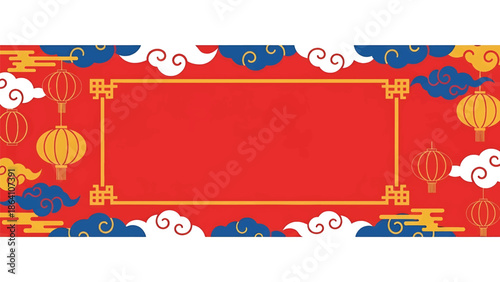 Chinese New Year horizontal vector banner with traditional cloud motifs, lantern accents, and clean central copy space, ideal festive design for web and print
