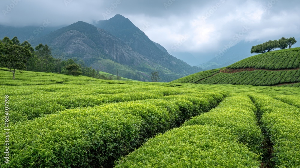 Obraz premium Lush Green Tea Fields on Gentle Hills Under a Dramatic Sky with Rolling Mountains in the Background Showcasing Vibrant Natural Beauty