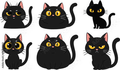 Cute black cat characters set with different expressions poses cartoon pet vector illustration