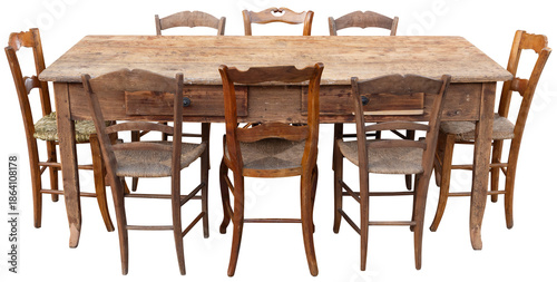Old Rustic Wooden Table with Chairs, Antique Rustic Furniture On Transparent Background, png Sticker