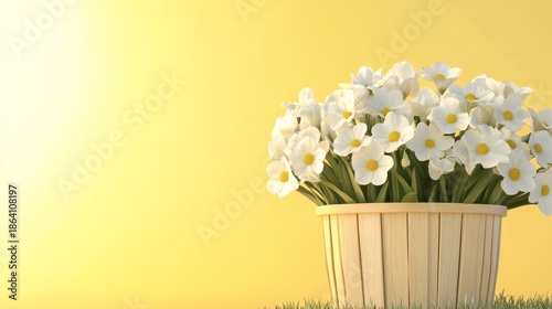 White flowers arranged in a wooden basket on a bright yellow background during spring time in a 3D rendering setup