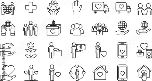 Charity and social care outline icon set featuring donation, volunteer support, community help, love, and humanitarian service concepts