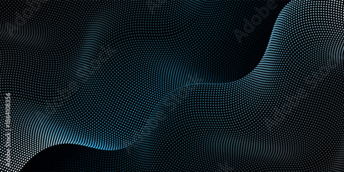 digital concept of technology, science, music, modern arts grid. Flowing dot particles light wave pattern halftone blue gradient smooth curve on black background.digital