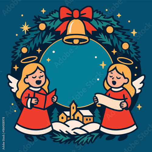 Christmas Carol Angels Under Bell Garland with Starry Night Village Scene