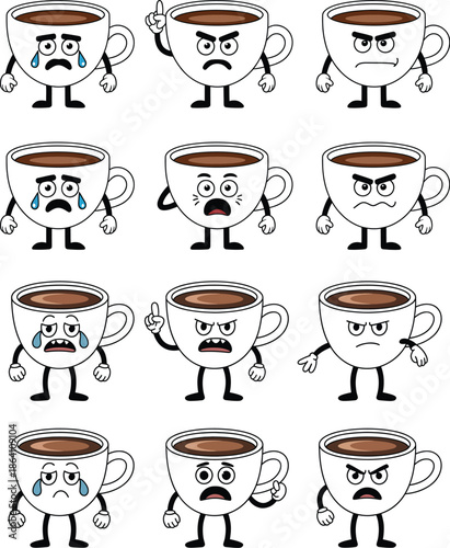 Twelve anthropomorphic coffee cups with various facial expressions